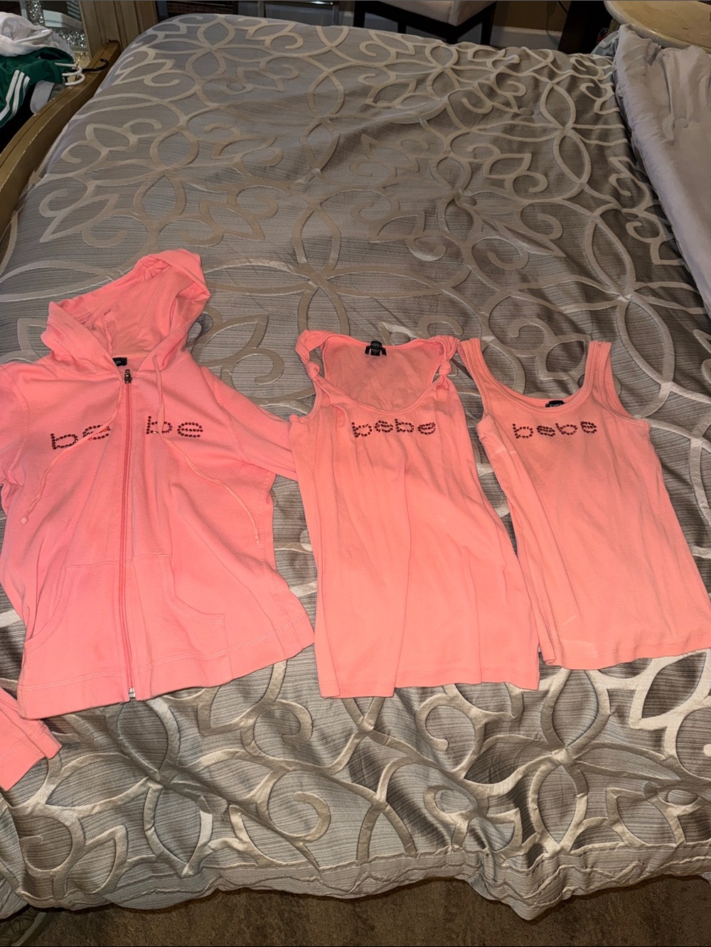 bebe Coral Pink Rhinestone Logo Hoodie & Tank Trio